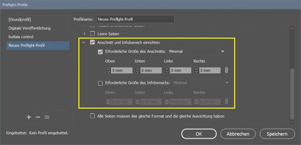 InDesign – Preflight-Einstellungen ‘Anschnitt und Infobereich ...