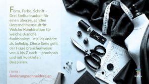 Titelbild Blogserie „Form, Farbe, Schrift – Unternehmensauftritt": Teil 01 Änderungsschneidereien, mit Schneiderwerkzeug-Flatlay: Schere, Maßband, Fingerhüte, Schnittmuster, Schneiderpuppe.