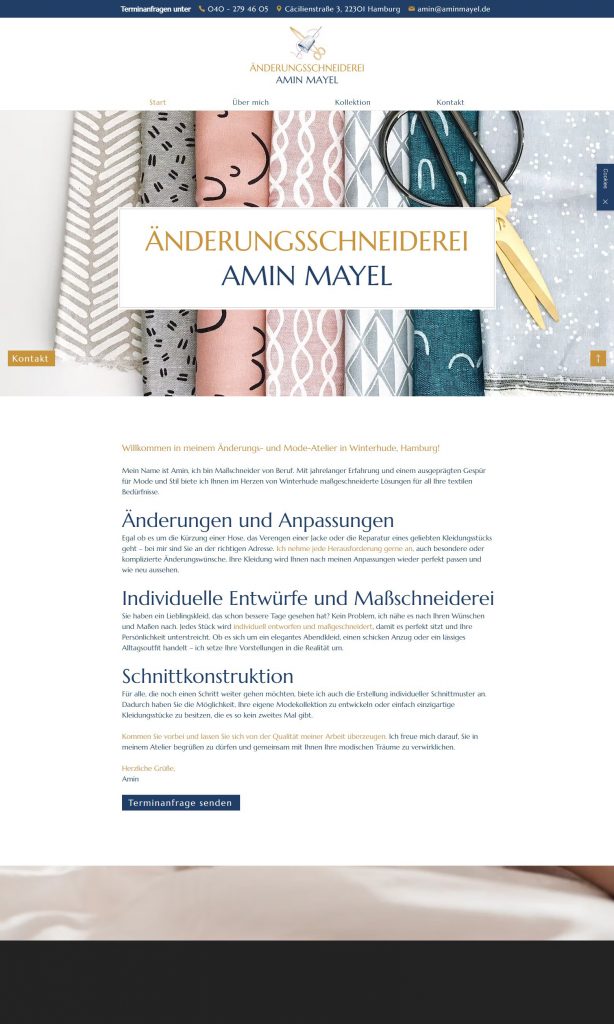 Screenshot der Website „Änderungsschneiderei Amin Mayel", Hamburg-Winterhude, Cäcilienstr. 3. Leistungen: Änderungen, Maßschneiderei, Schnittkonstruktion. Tel. 040–279 46 05.