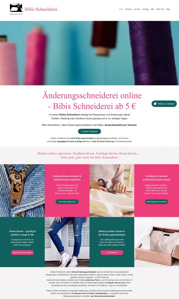 Screenshot der Website „Bibis Schneiderei": Online-Änderungsschneiderei ab 5 €, deutschlandweiter Versand. Services: Reißverschluss, Gardinen kürzen, Hosen kürzen, Kleidung ändern. Header mit Garnrollen-Foto.