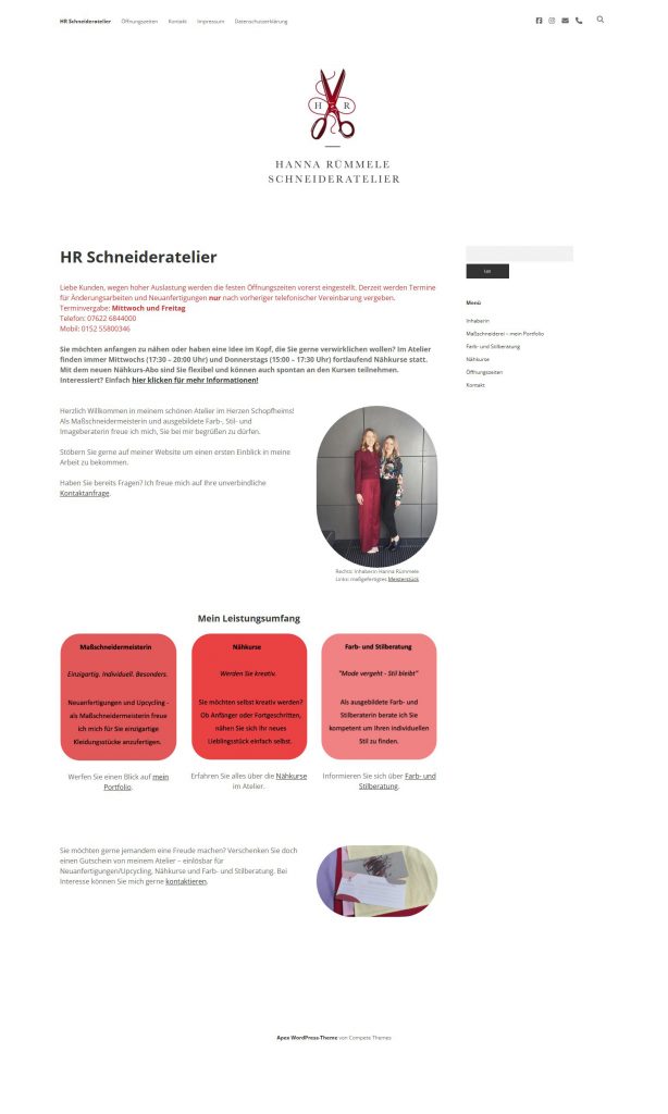 Screenshot der Website „HR Schneideratelier" von Hanna Rümmele in Schopfheim. Leistungen: Maßschneiderei, Nähkurse, Farb- und Stilberatung. Termine nur nach telefonischer Vereinbarung mittwochs und freitags.