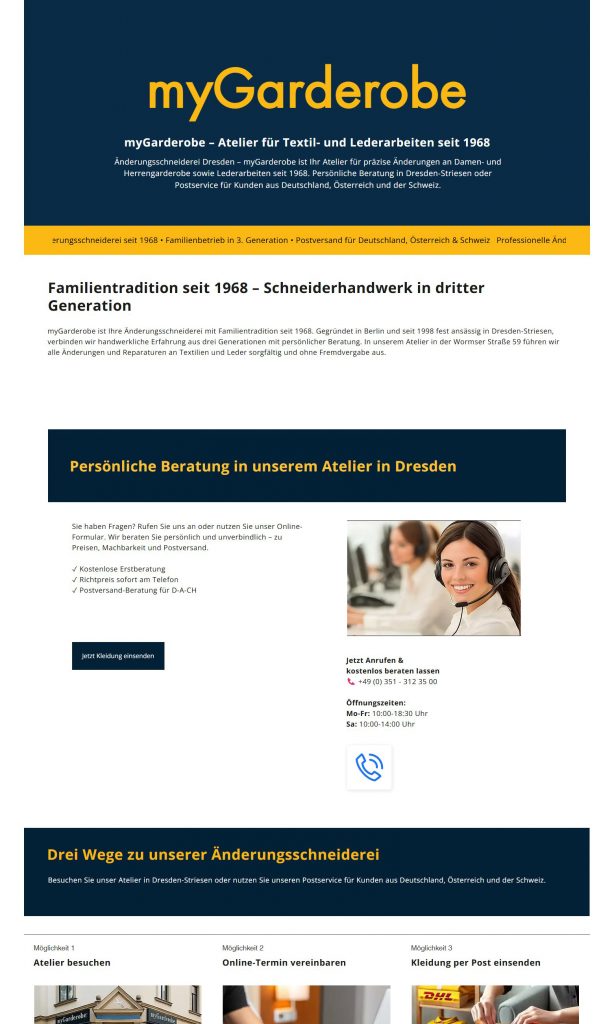 Screenshot der Website „myGarderobe", Änderungsschneiderei Dresden seit 1968, Familienbetrieb 3. Generation. Services: Atelier Dresden-Striesen, Online-Termin, Postversand D-A-CH. Tel. +49 351 312 35 00.
