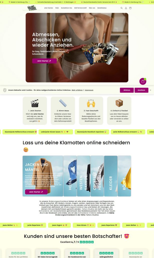 Screenshot der Website „Tailors Studios", Online-Schneiderei aus Hamburg. Änderungen per Post, Bearbeitung 2–6 Werktage, Versand ab 49 € gratis. Kategorien: Jacken, Hosen, Kleider, Röcke u. a. Bewertung 4,7/5.