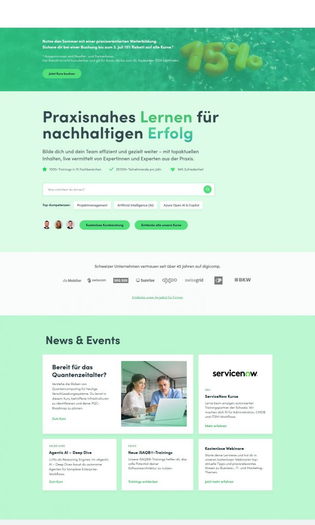 Screenshot der digicomp-Website mit grünem Sommerrabatt-Banner, Hero-Bereich „Praxisnahes Lernen für nachhaltigen Erfolg", Kundenlogos namhafter Schweizer Firmen und News-Kacheln zu Kursen wie ServiceNow und Agentic AI.