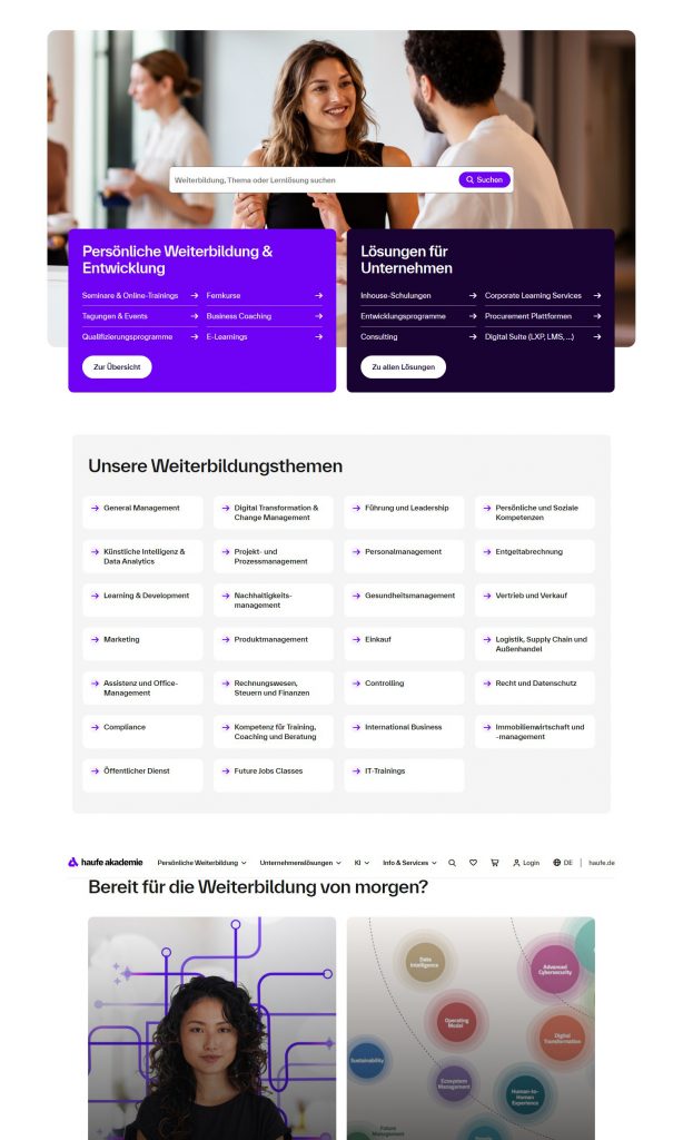 Screenshot der Haufe-Akademie-Website mit Hero-Bild dreier Geschäftsleute, lila Boxen für persönliche und Unternehmens-Weiterbildung, Rasterliste der Weiterbildungsthemen und nachfolgendem Bereich „Bereit für die Weiterbildung von morgen?".