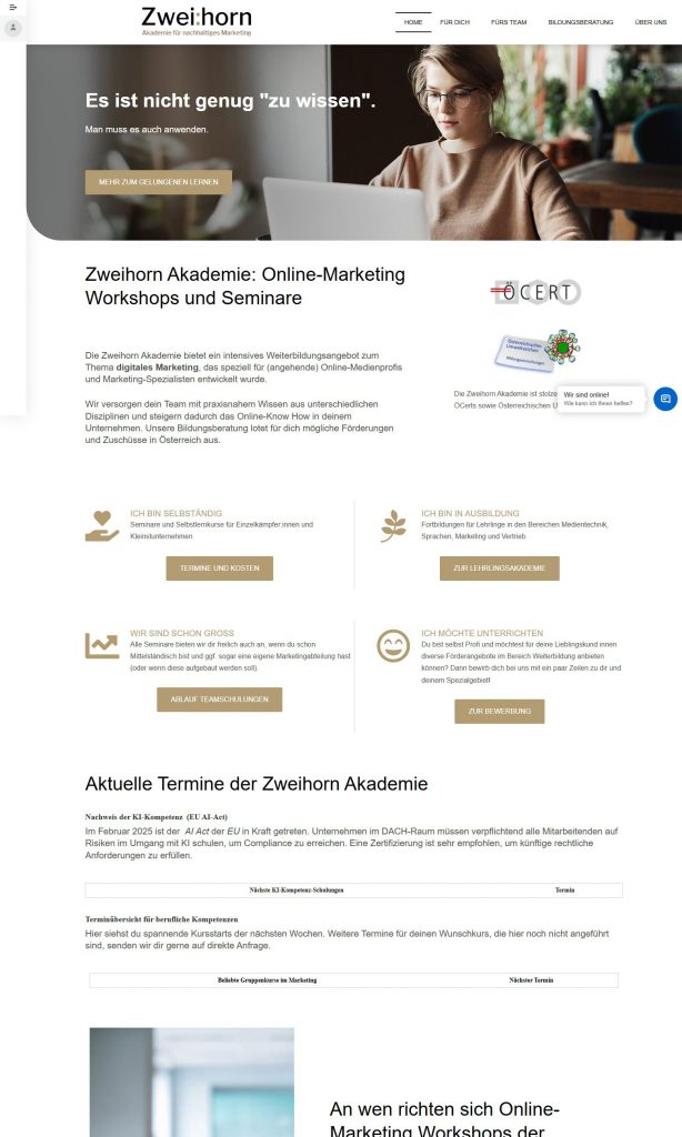 Screenshot der Website zweihorn.at: Startseite der Zweihorn Akademie für nachhaltiges Marketing mit Hero-Bild, Navigationsleiste, Zielgruppen-Kacheln und Kursübersicht.